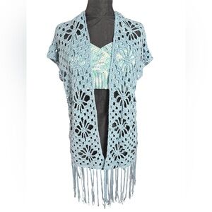 Crochet Fringe Festival Cardigan in Light Blue with Matching Bralette